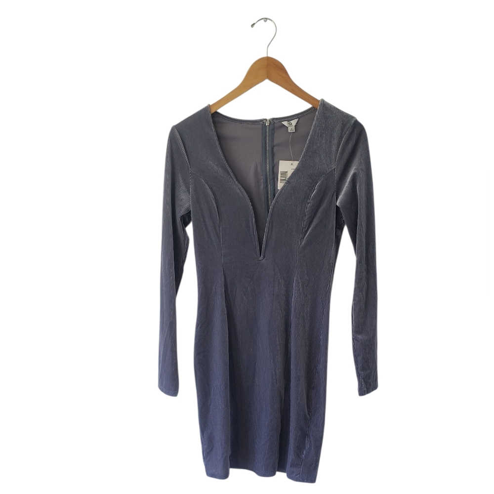G by Guess Blue Grey Plunge Neck Long Sleeve Bodycon Dress Size  Medium